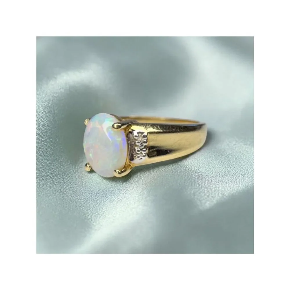 10K Gold Natural Rainbow Opal & Diamond Ring -Size 7- Australian White Opal Ring